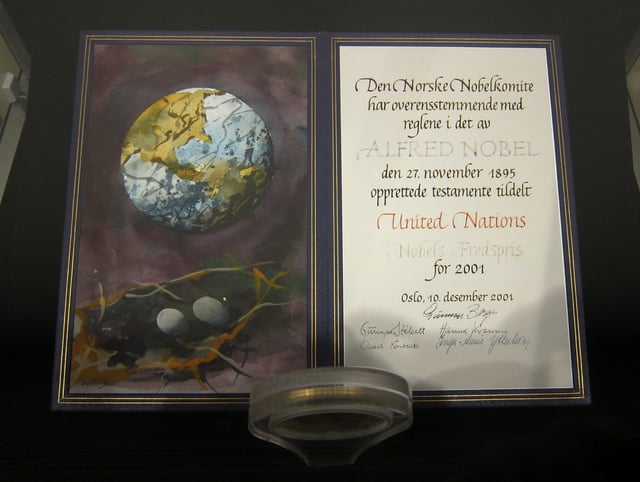The 2001 Nobel Peace Prize to the UN—diploma in the lobby of the UN Headquarters in New York City