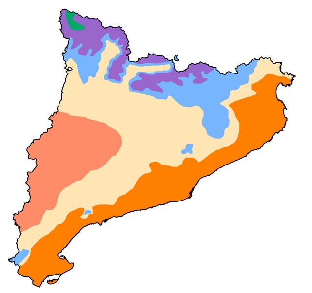 Climates of Catalonia:   Oceanic climate  Alpine climate  Mediterranean climate of alpine influence  Inland Mediterranean climate  Coastal Mediterranean climate  Mediterranean climate of continental influence