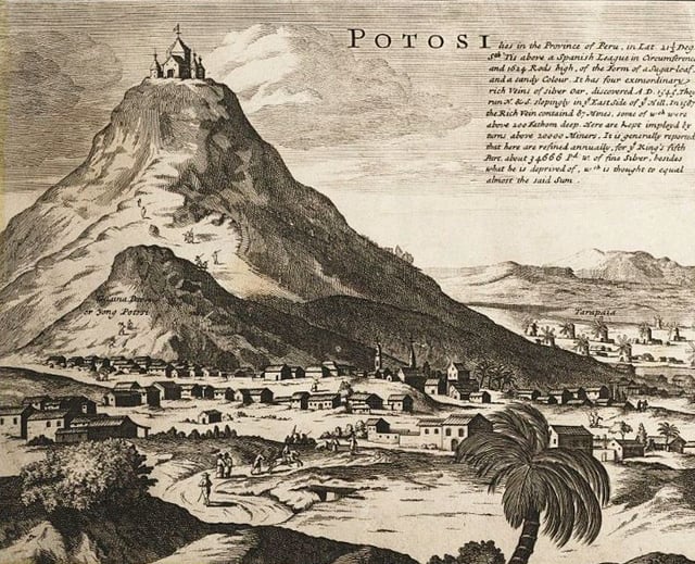 Cerro de Potosí, discovered in 1545, the rich, sole source of silver from Peru, worked by compulsory indigenous labor mit'a