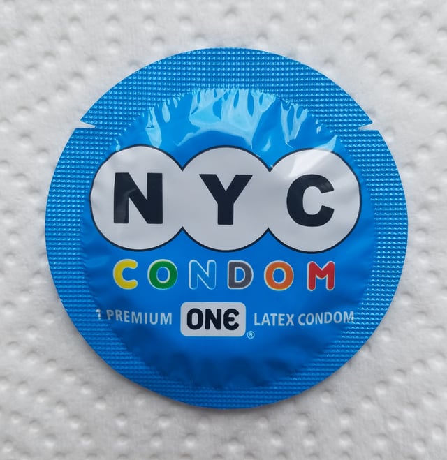 A condom given out by NYC Health Department during the Stonewall 50 – WorldPride NYC 2019 celebrations.