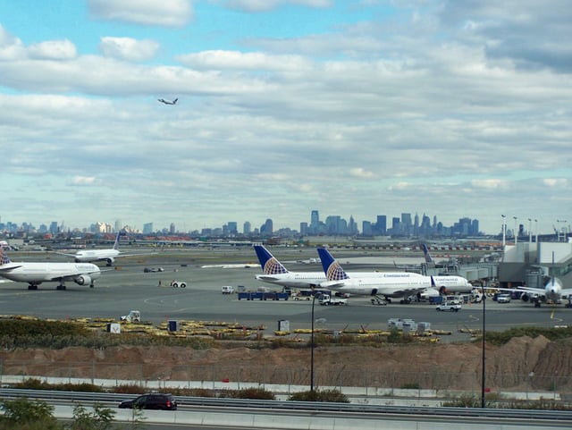 New York City and Jersey City skylines as seen from Newark Liberty International Airport