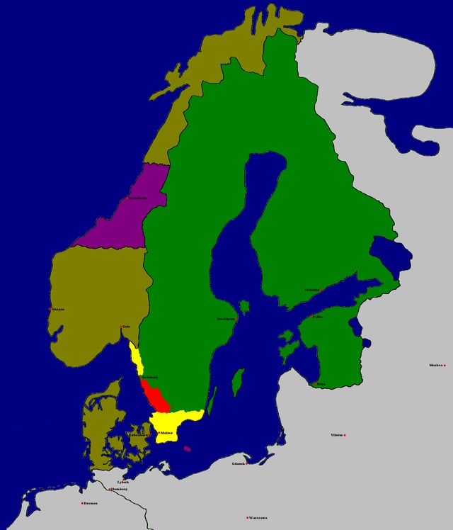 Treaty of Roskilde, 1658.  Halland, occupied by Sweden for a 30-year period under the terms of the Peace of Brömsebro negotiated in 1645, was now ceded   the Scanian lands and Båhus County were ceded   Trøndelag and Bornholm provinces, which were ceded in 1658, but which rebelled against Sweden and returned to Danish rule in 1660
