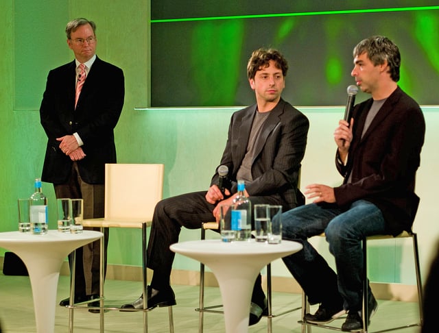 Then-CEO, now Chairman of Google Eric Schmidt with cofounders Sergey Brin and Larry Page (left to right) in 2008.