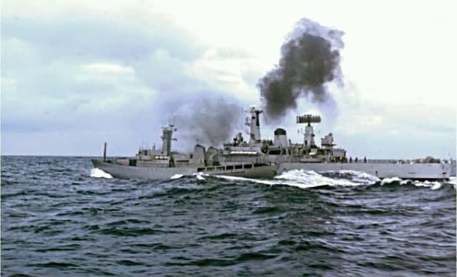British and Icelandic vessels collide in the Atlantic Ocean during the Cod Wars (Icelandic vessel is shown on the left; the British vessel is on the right)