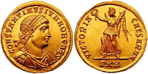 Solidus issued under Constantine II, and on the reverse Victoria, one of the last deities to appear on Roman coins, gradually transforming into an angel under Christian rule
