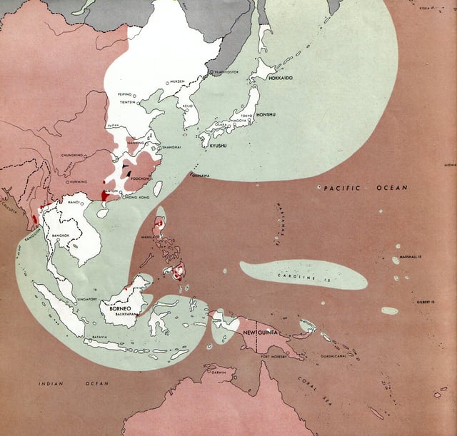 Situation of the Pacific War on August 1, 1945. Areas still controlled by Japan (in white and green) included Korea, Taiwan, Indochina, and much of China, including most of the main cities, and the Dutch East Indies. Allied-held areas are in red, with the neutral Soviet Union and Mongolia in grey.