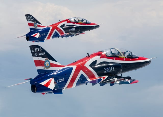 Two Hawk T1s of RAF 208 Squadron in the 2010 display season livery