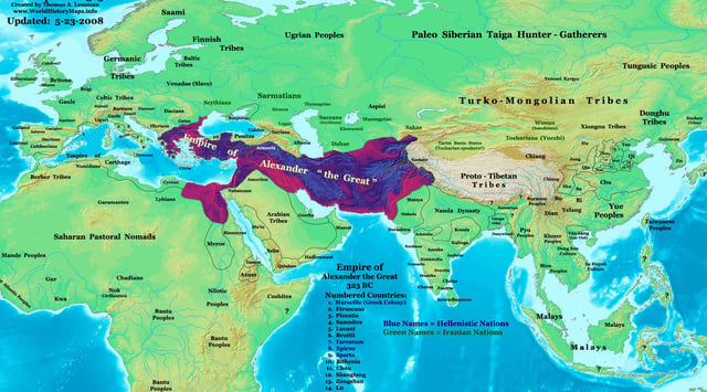 Alexander's empire was the largest state of its time, covering approximately 5.2 million square km.
