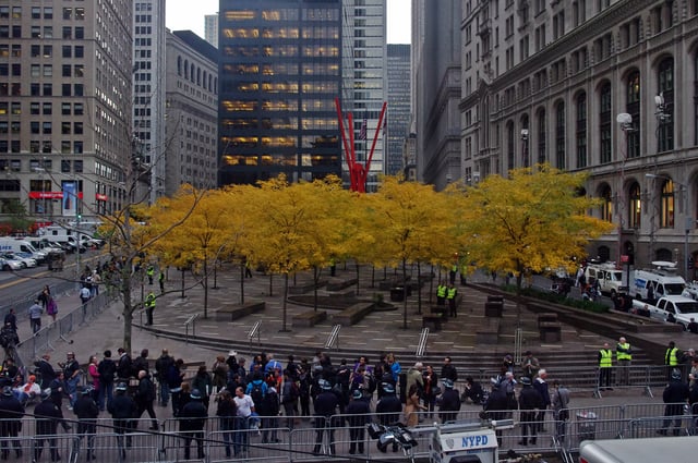 Zuccotti Park, cleared and cleaned on November 15, 2011
