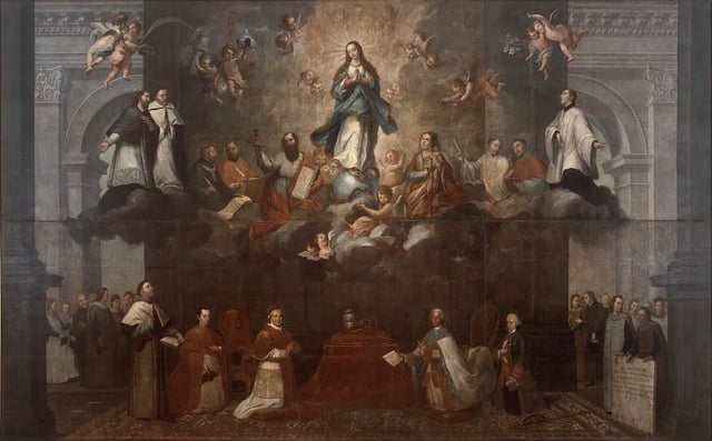 Representation of the two powers, church and state, symbolized by the altar and the throne, with the presence of the king Charles III and the Pope Clement XIV, seconded by the Viceroy, Antonio Bucareli, and the Archbishop of Mexico, Alonso Núñez de Haro, respectively, before the Virgin Mary. "Glorification of the Immaculate Conception".