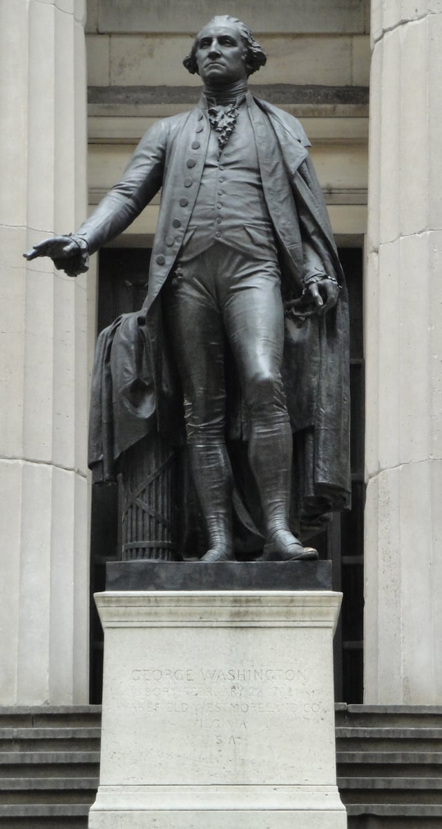 This statue of George Washington stands in front of Federal Hall (on Wall Street) where he was inaugurated as the first U.S. president in 1789, sculptor, John Quincy Adams Ward