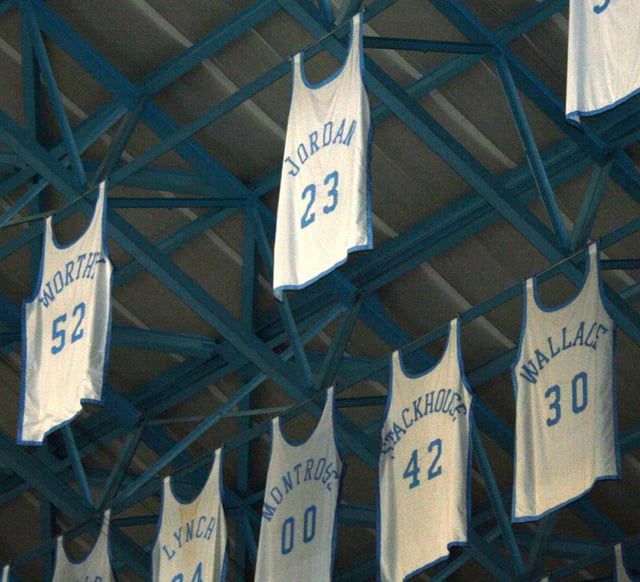 Jordan's number 23 jersey among others in the rafters of the Dean Smith Center
