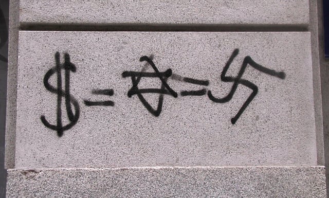 Antisemitic graffiti equating Judaism with Nazism and money, found in Madrid.