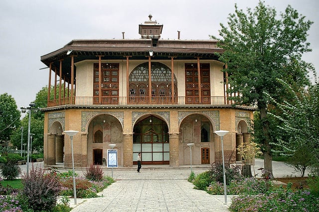 The 16th-century Chehel Sotun pavilion in Qazvin, Iran. It is the last remains of the palace of the second Safavid king, Shah Tahmasp; it was heavily restored by the Qajars in the 19th century.