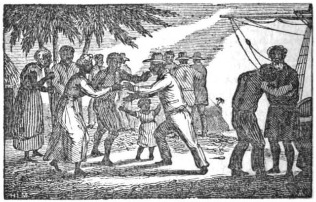 An 1835 illustration of liberated Africans arriving in Sierra Leone