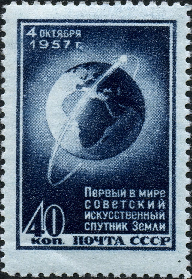 Soviet stamp showing the orbit of Sputnik 1