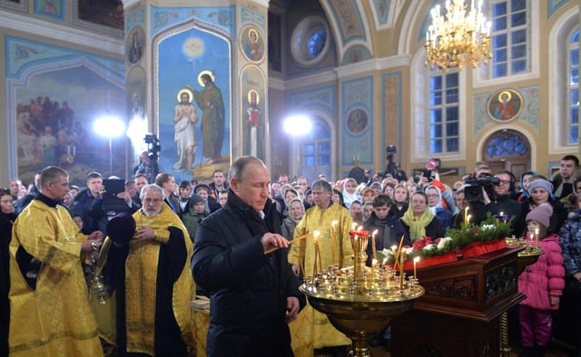 Putin attends the Orthodox Christmas service in the village Turginovo in Kalininsky District, Tver Oblast, 7 January 2016