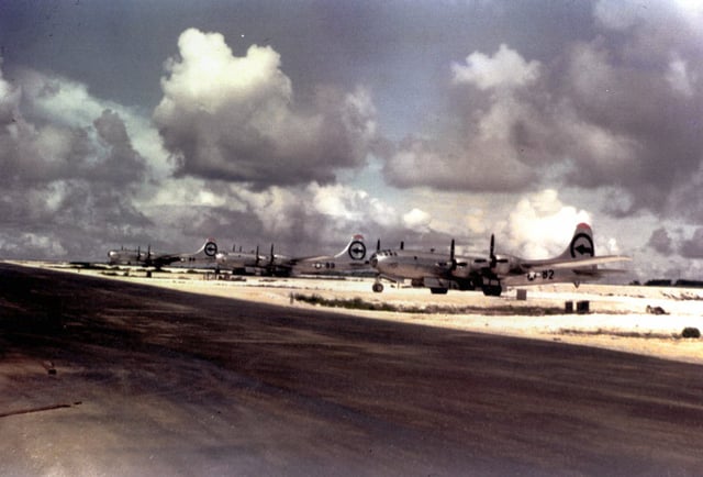 Aircraft of the 509th Composite Group that took part in the Hiroshima bombing. Left to right: Big Stink, The Great Artiste, Enola Gay