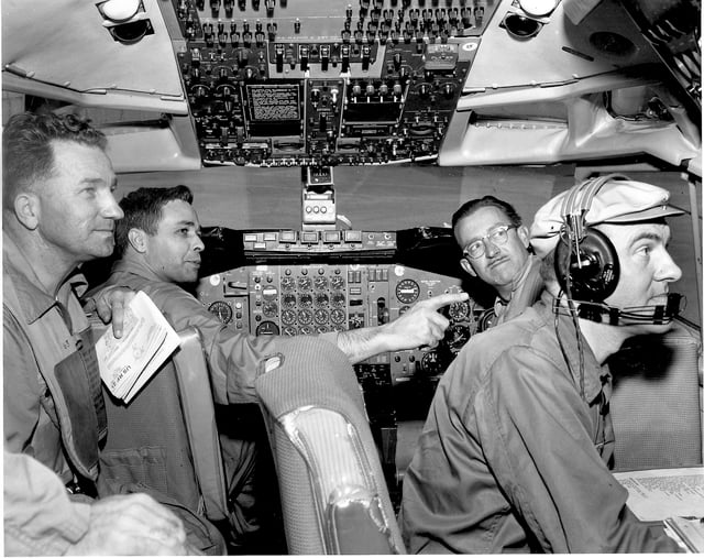 Members of the joint FAA and Boeing team performing test flight on the Boeing 707 during certification process in April 15, 1958: From left to right: Joseph John "Tym" Tymczyszyn (FAA), Lew Wallich (Boeing), unknown, unknown