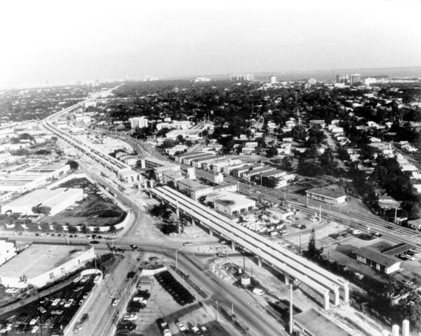 Metrorail viaduct under construction at Douglas Road in Coral Gables during the early 1980s