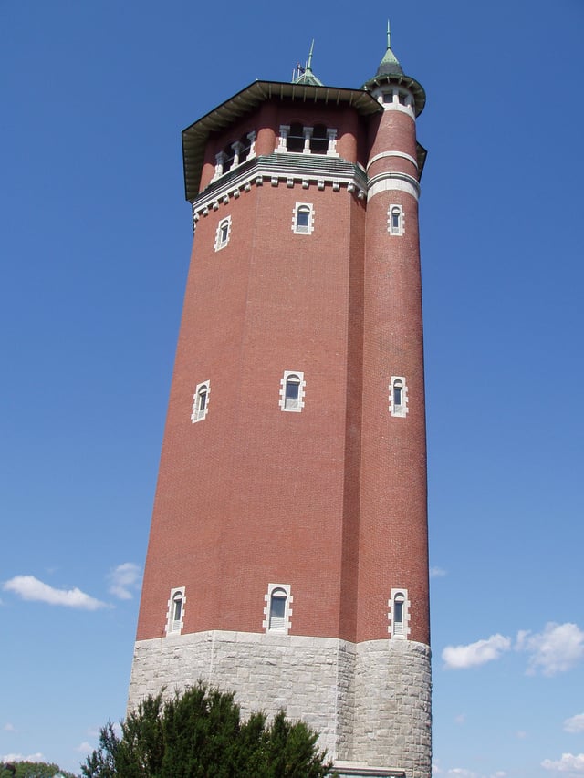 High Service Water Tower (1895), also called Tower Hill Water Tower, a notable eyecatcher or folly, named an American Water Landmark in 1979 by the American Water Works Association.