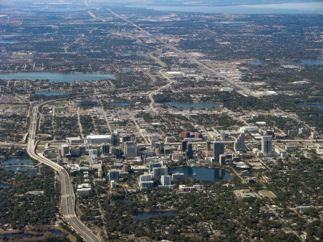 View of Downtown Orlando (center) and periphery to Lake Apopka (upper-right); January 2011
