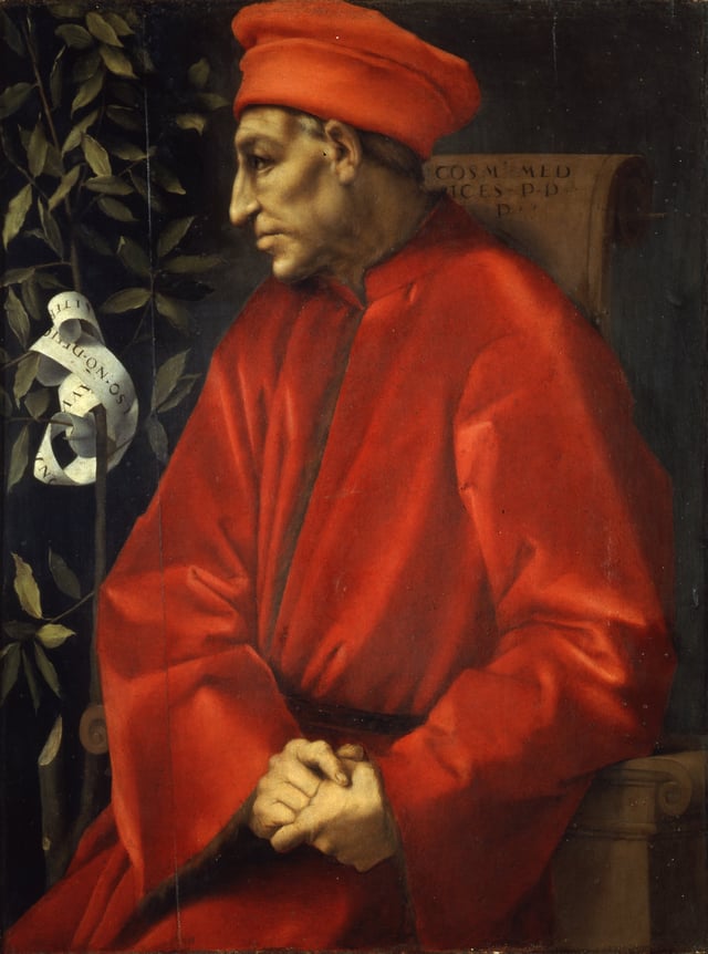 Portrait by Jacopo Pontormo; the laurel branch (il Broncone) was a symbol used also by his heirs