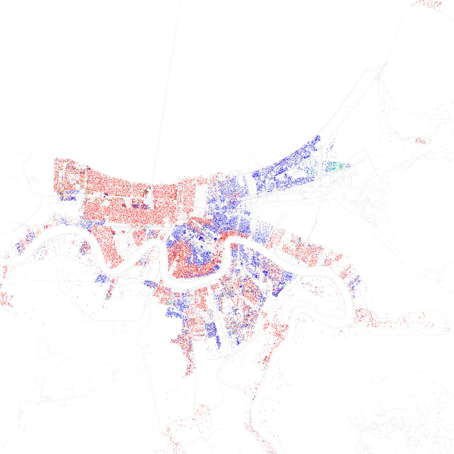 Map of racial distribution in New Orleans, 2010 U.S. Census. Each dot is 25 people: White, Black, Asian, Hispanic, or Other (yellow)
