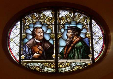 Glass window in the town church of Wiesloch (Stadtkirche Wiesloch) with Martin Luther and John Calvin commemorating the 1821 union of Lutheran and Reformed churches in the Grand Duchy of Baden.