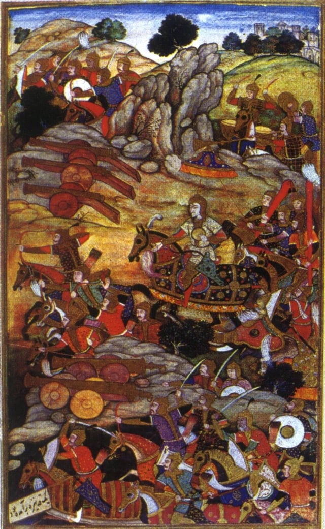 Mughal artillery and troops in action during the Battle of Panipat (1526)