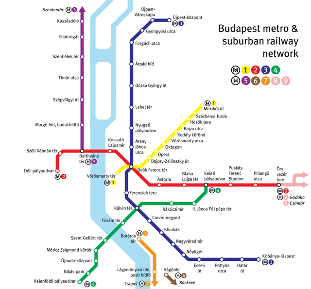 Budapest metro and rapid transit network within the city and to suburbs