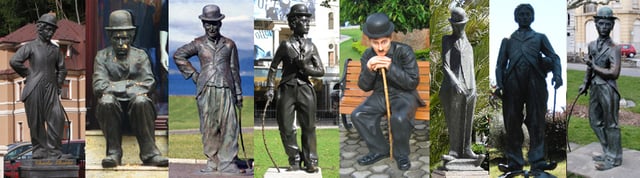 Statues of Chaplin around the world, located at (left to right) 1. Trenčianske Teplice, Slovakia; 2. Chełmża, Poland; 3. Waterville, Ireland; 4. London, United Kingdom; 5. Hyderabad, India; 6. Alassio, Italy; 7. Barcelona, Spain; 8. Vevey, Switzerland