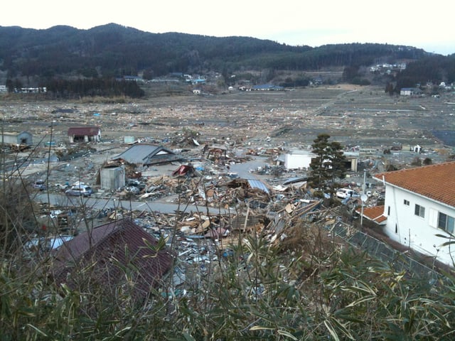 The city of Rikuzentakata, Iwate Prefecture, suffered extensive damage from the tsunami, with almost the entirety of the lower area of the city being destroyed.