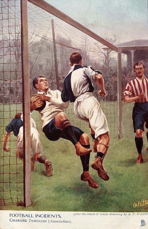 A goalkeeper being charged by a rival player (1905)