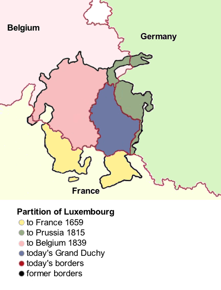 There have been three Partitions of Luxembourg between 1659 and 1839. Together, they reduced the territory of Luxembourg from 10,700 km2 (4,100 sq mi) to the present-day area of 2,586 km2 (998 sq mi). The remainder forms parts of modern day Belgium, France, and Germany.