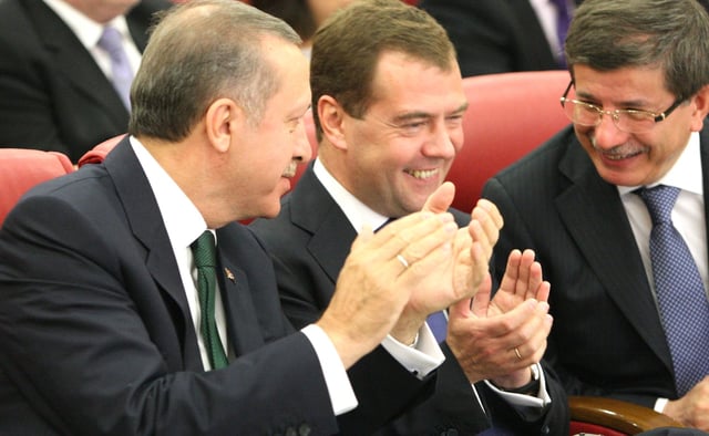Davutoğlu and Erdoğan with Russian President Dmitry Medvedev in 2010