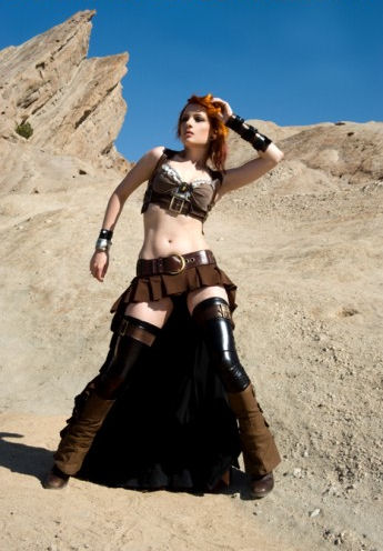 Model Ulorin Vex wearing post-apocalyptic steampunk attire designed by Kato.