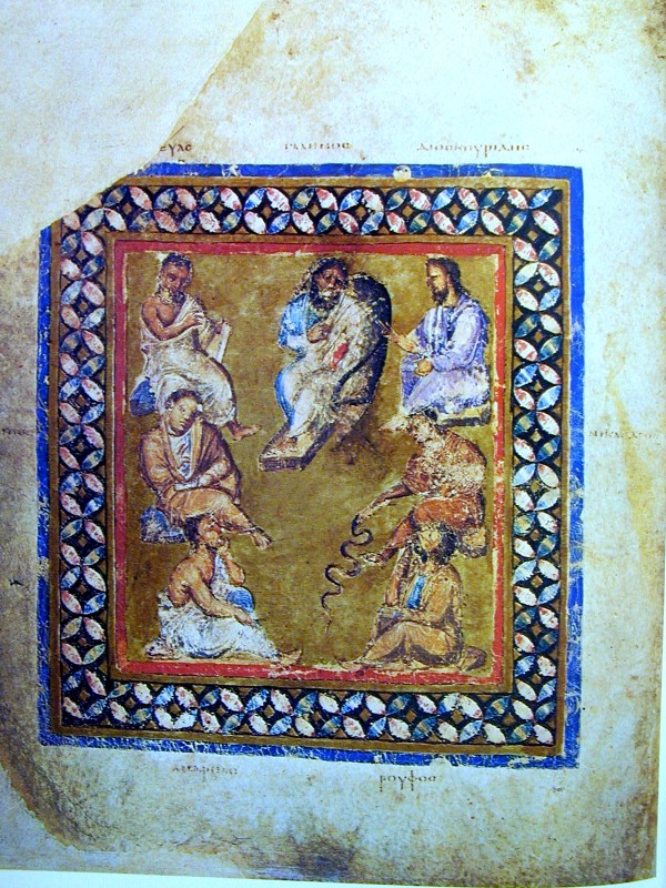 The frontispiece of the Vienna Dioscurides, which shows a set of seven famous physicians