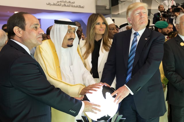 US President Donald Trump, King Salman of Saudi Arabia, and Egyptian President Abdel Fattah el-Sisi at the 2017 Riyadh Summit. The meeting is cited as one of the catalysts for the crisis.