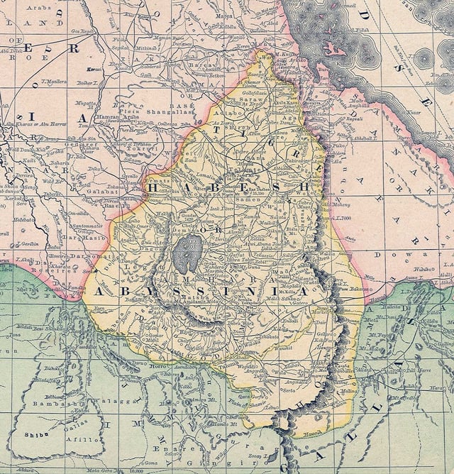 Abyssinia (Ethiopia) in an 1891 map, showing notional borders before the Battle of Adwa