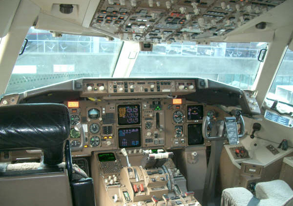 The early two-crew 767 glass cockpit with CRT displays.