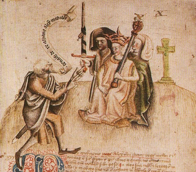 Coronation of King Alexander on Moot Hill, Scone. He is being greeted by the ollamh rígh, the royal poet, who is addressing him with the proclamation "Benach De Re Albanne" (= Beannachd Dé Rígh Alban, "God Bless the King of Scotland"); the poet goes on to recite Alexander's genealogy. By Alexander's side is Máel Coluim II, Earl of Fife holding the sword.