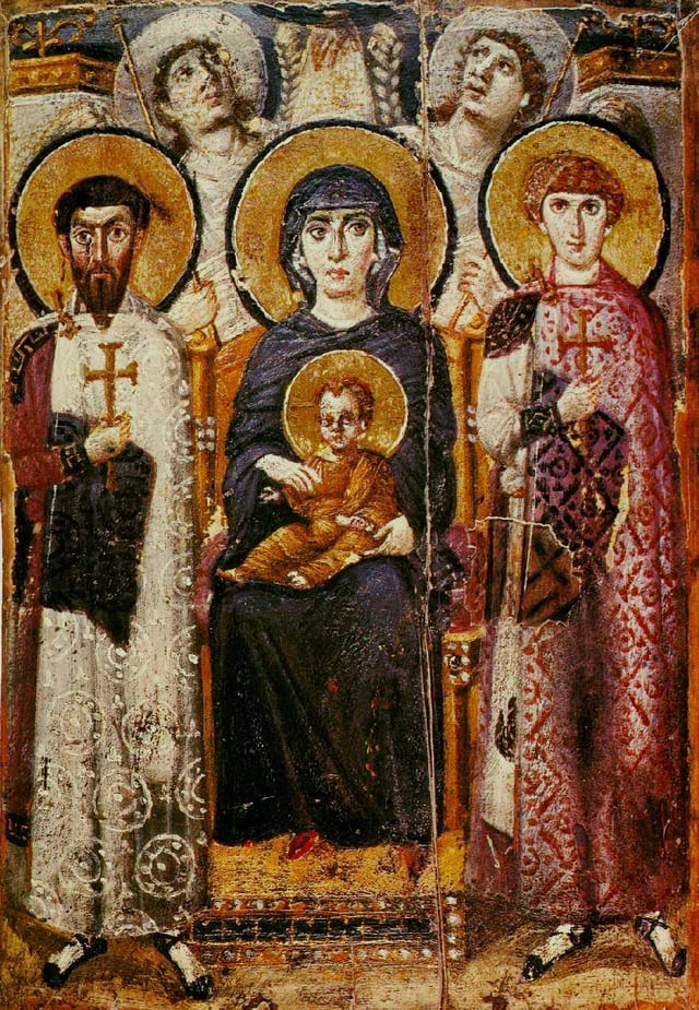 Virgin and Child with angels and Sts. George and Theodore. Icon from around 600, from Saint Catherine's Monastery.