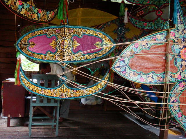 A Wau-maker's workshop in Kelantan, Malaysia. This peculiar type of kite can be found in the northeast coast of Malay Peninsular.