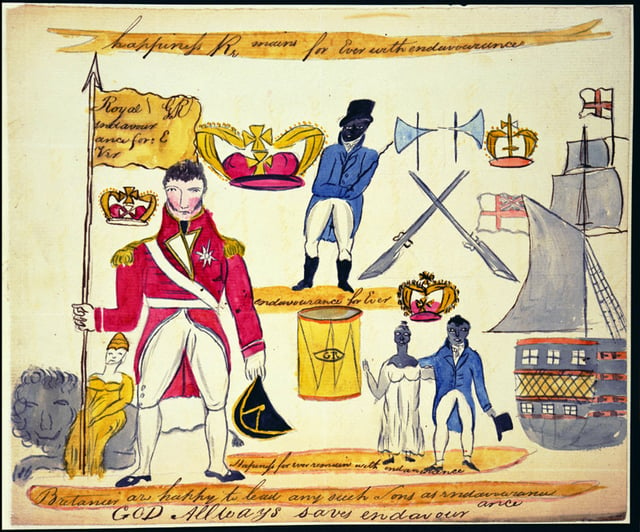 Sketch of a flag used by the Bussa rebels including the slogan "Happiness Remains for Ever with endavoerance... Britannia are happy to lead any such Sons as endavwrance and God Always saves endavour" [sic]