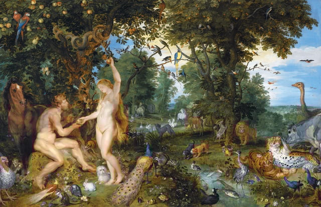 The Garden of Eden with the Fall of Man (c. 1617) by Peter Paul Rubens and Jan Brueghel the Elder. Origen based his teaching of the preexistence of souls on an allegorical interpretation of the creation story in the Book of Genesis.