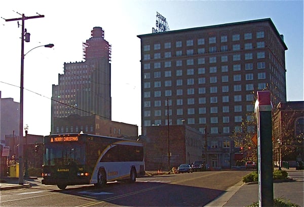 JaTRAN bus in front of the Hotel King Edward and Standard Life Building, downtown Jackson