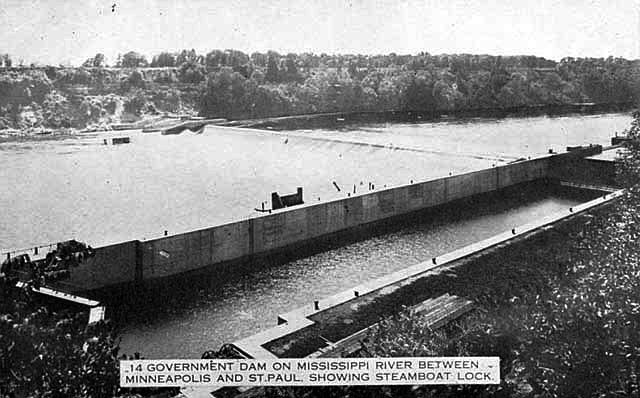 The Meeker Island Lock and Dam was the first lock and dam on the Mississippi River in 1902.