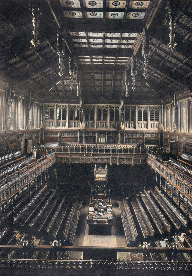 The old House of Commons chamber, showing dark veneer on the wood, which was purposely made much brighter in the new chamber.