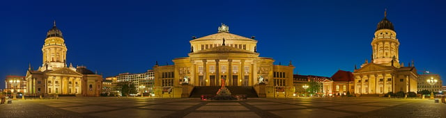Gendarmenmarkt – on the picture: (left) The New Church or "Deutscher Dom", (center) Konzerthaus Berlin (concert hall) and (right) French Cathedral